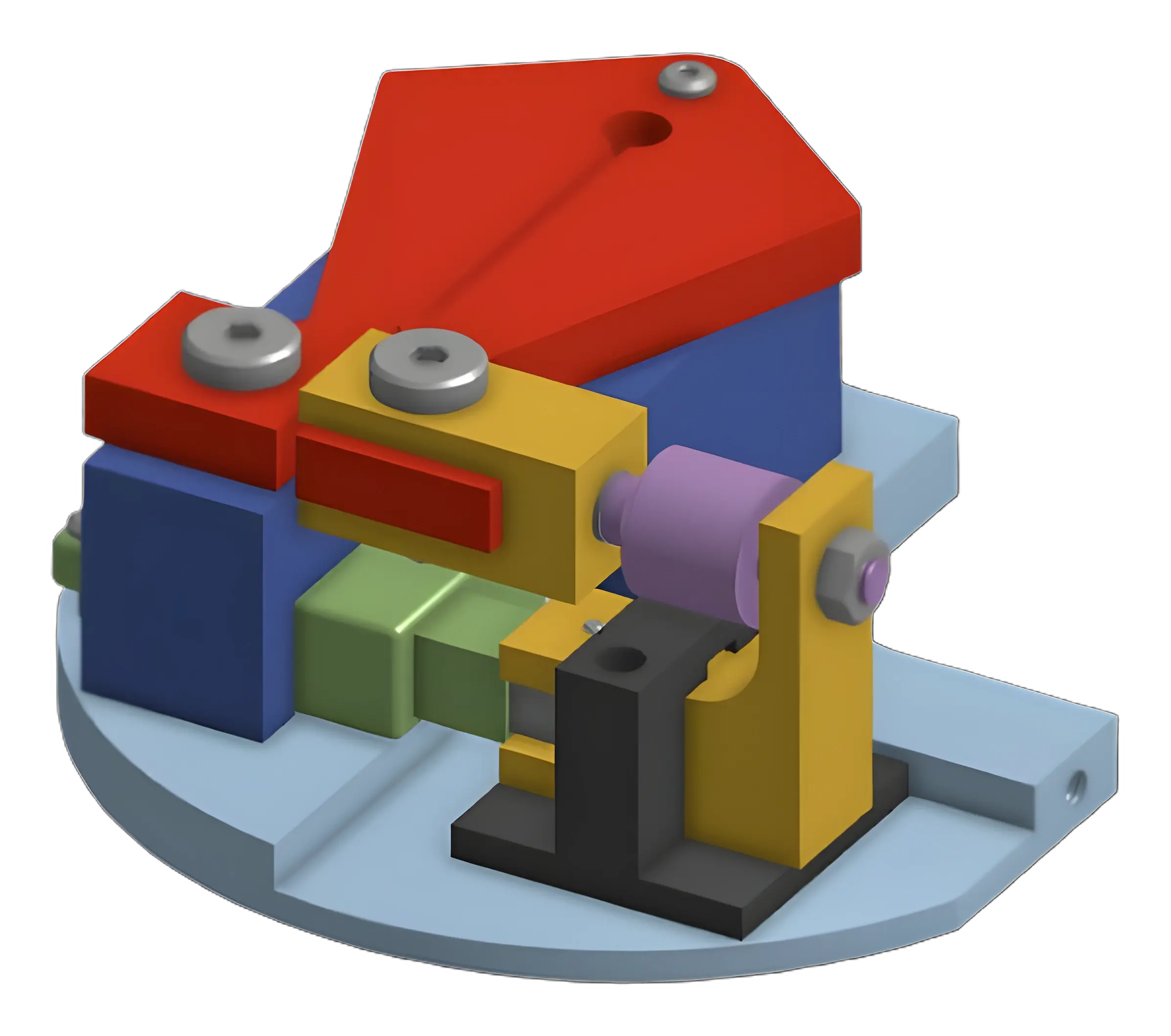 CAD render of a fracture test module with actuator, load cell, and colored fixture blocks.
