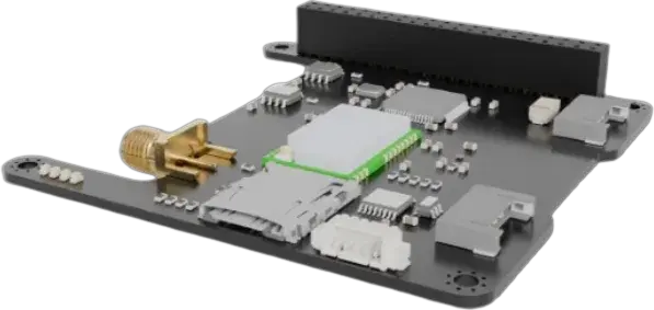 CAD render of the Magpie SDRM PCB with antenna connector and radio module.