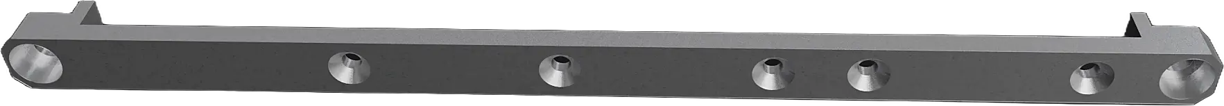 CAD render of a machined 6061 aluminum strut with countersunk mounting holes.