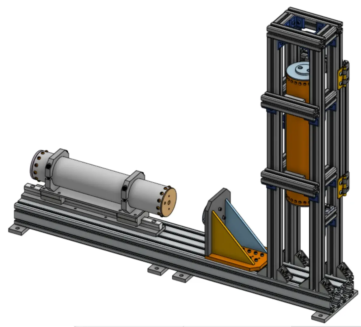 CAD render of the Icarus hybrid engine test stand: 80/20 aluminum extrusion frame with a horizontal oxidizer tank and vertical combustion chamber assembly.
