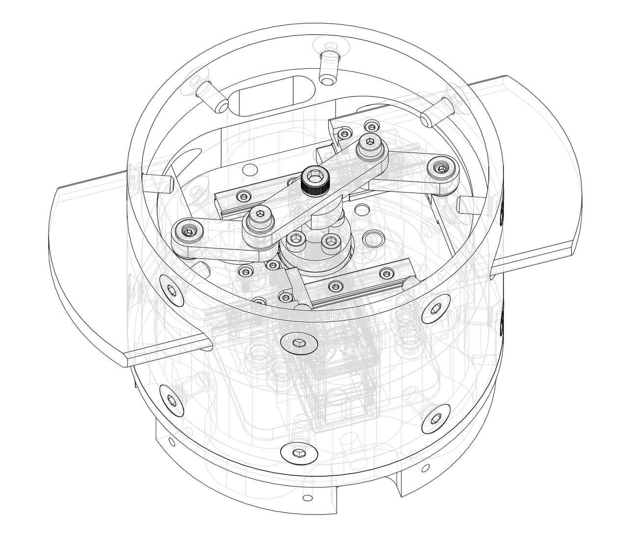 CAD wireframe of the airbrake mechanism: a cylindrical housing with linkage arms and two curved drag plates extended from the sides.
